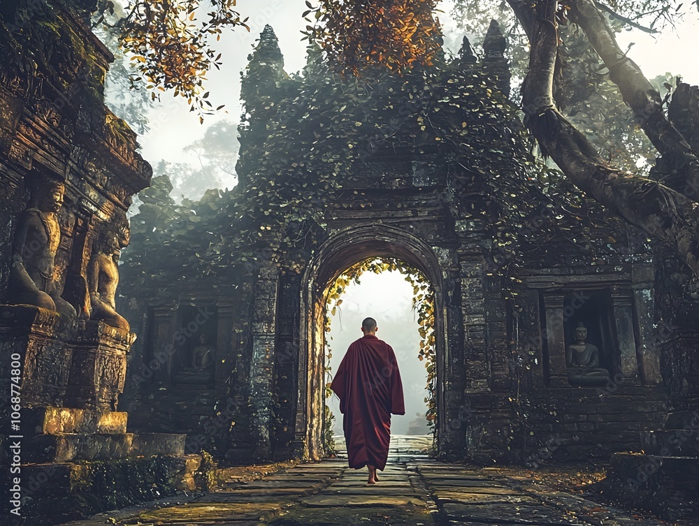 Poster monk traversing moss covered ancient stone gateway in remote mystical temple surrounded by overgrown
