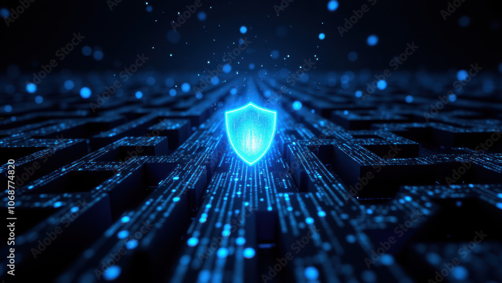 Poster cybersecurity shield amidst digital circuitry and data flow.