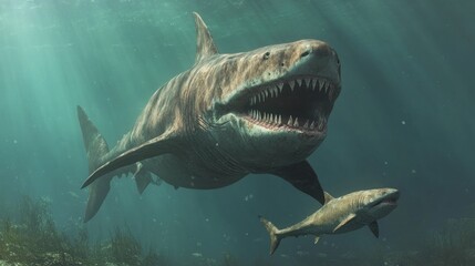 Naklejka premium Two Prehistoric Sharks Swimming in the Deep Blue