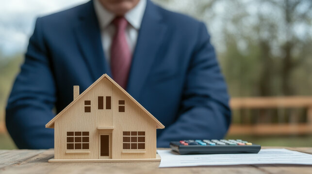 A businesswoman placing a miniature house model representing real estate investment and property sales concepts