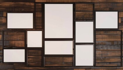 Fototapeta premium Rustic Charm: Blank Frames Collage adorning Brown Wooden Panels Wall
