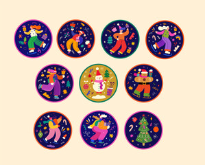 Decorative Christmas balls toys with funny characters. Christmas decoration. Vector collection with Christmas toys	
