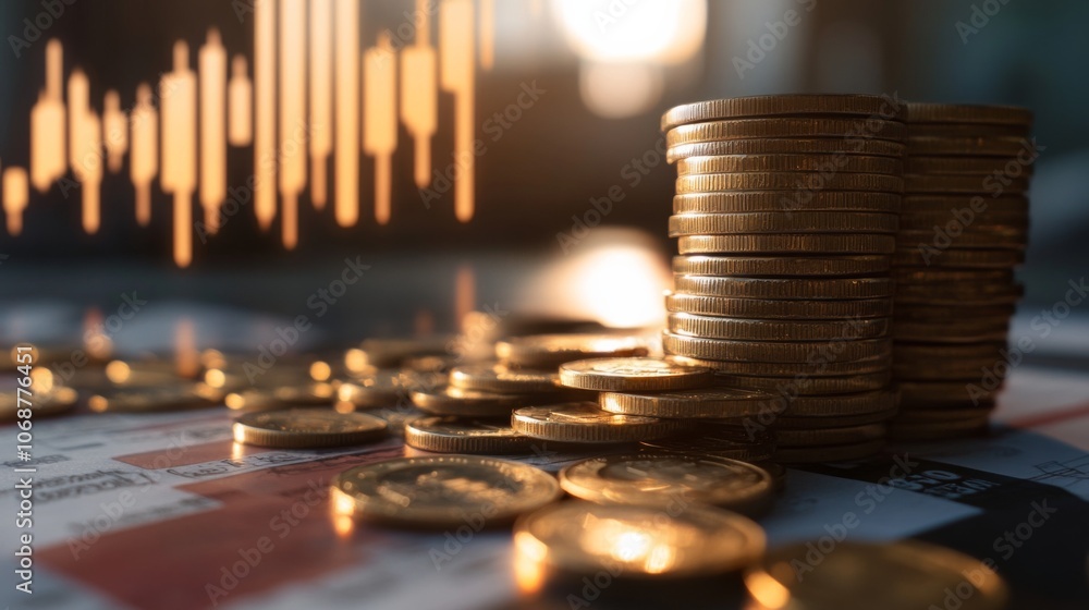 Poster a pile of gold coins on a table with a graph in the background