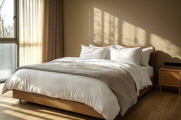 Minimalist, mid century modern interiors in residential bedrooms with a view of a comfortable bed. Generative AI
