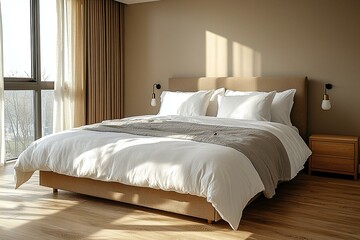 Minimalist, mid century modern interiors in residential bedrooms with a view of a comfortable bed. Generative AI

