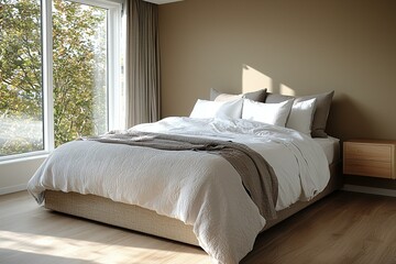 Minimalist, mid century modern interiors in residential bedrooms with a view of a comfortable bed. Generative AI
