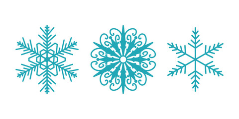 Beautiful snowflakes set, detailed hand drawn flat vector line illustration. Graphic outline drawing. Christmas and New Year symbol. Unique snowflake silhouette icon for frosty winter designs.