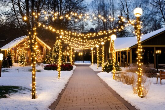  Camino iluminado con luces navide&ntilde;as en un parque de invierno.
