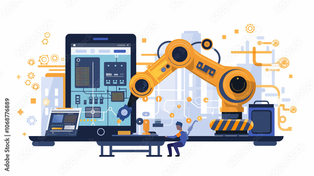 Poster ai-powered robotic arm assembling circuit boards, with a tablet showing real-time data and system di