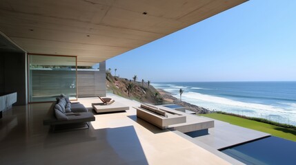 Fototapeta premium Concrete architecture coastal villa minimalist glass windows sharp structure AI generated