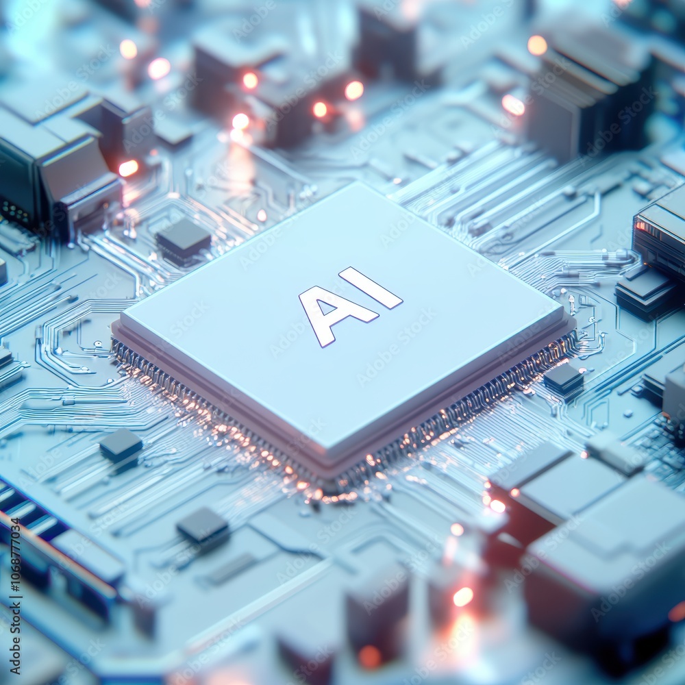 Poster close-up of a futuristic ai chip on a circuit board glowing with intricate details.