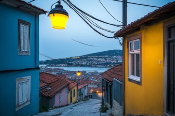  Calle estrecha con vista al puerto en el crepúsculo, con casas de colores y ambiente tranquilo.
