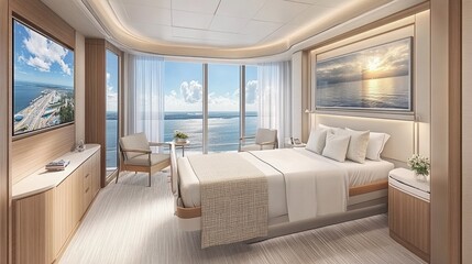 Obraz premium Modern Bright Hotel Room with Ocean View