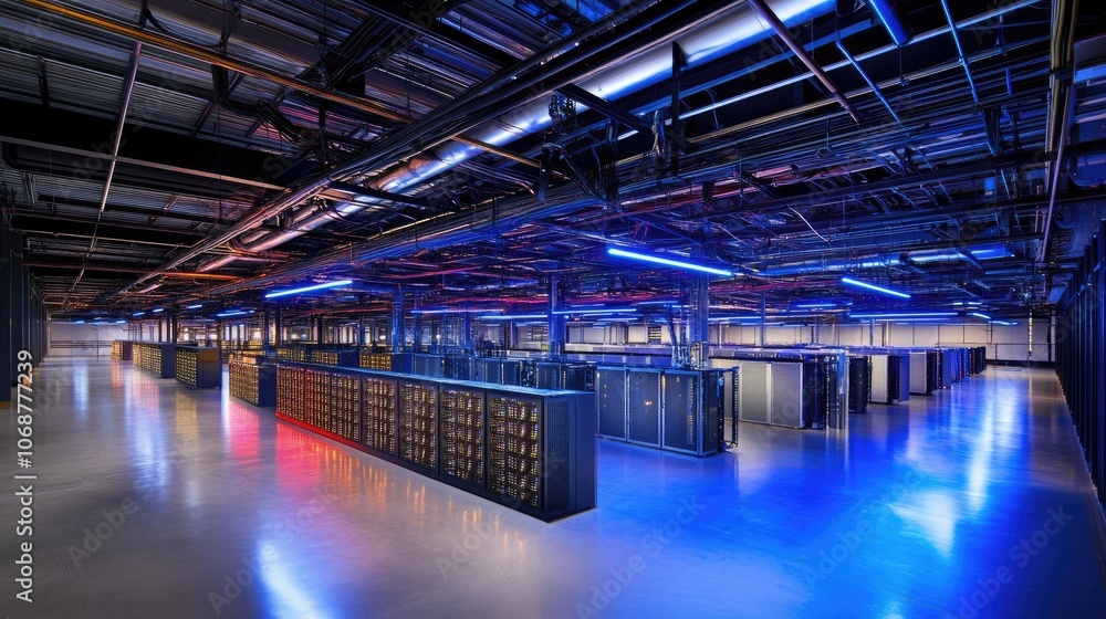 Poster high-tech data center with modern server racks