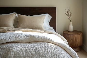 Obraz premium Minimalist, modern Scandinavian interiors in residential bedrooms. Clowns up of a bed. Generative AI 