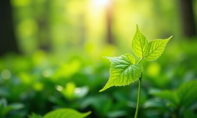 Fototapeta na wymiar Vibrant green leaves Soft focus background Sunlight filtering