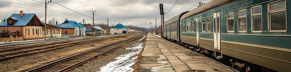 Fototapeta premium Panoramic view of train at rural station with overcast sky.