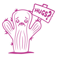 Funny Cactus Sad Face Hugs Sign Lonely Cry Comic Plant Gardening Gardener Garden Green Thumb Hobby Nature Lover Floral Botany Growth Organic Life Botanical T-Shirt Sticker Print Illustration