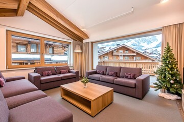  Sala de estar de estilo alpino con árbol de Navidad y vista a los Alpes.
