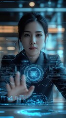 Asian woman interacts with futuristic holographic interface in a tech-focused environment.