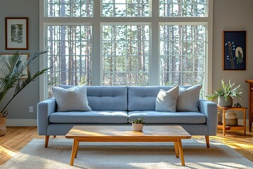 Minimalist, mid century modern interiors in residential living rooms with sky blue sofas and tables and windows. Generative AI
