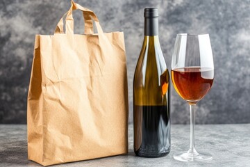  Botella de vino y copa junto a una bolsa de papel sobre fondo gris.
