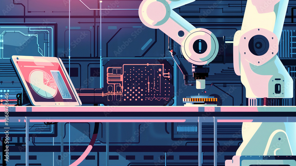 Poster ai-powered robotic arm assembling circuit boards, with a tablet showing real-time data and system di