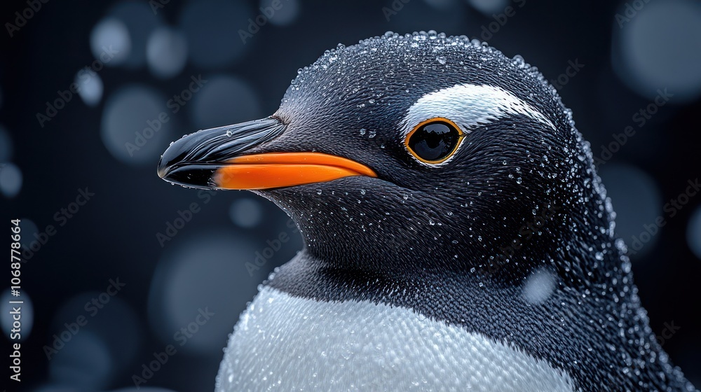 Poster close-up portrait of a gentoo penguin with a bokeh background.