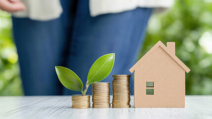 Woman stacking coins next to model house, symbolic of property loan savings plan