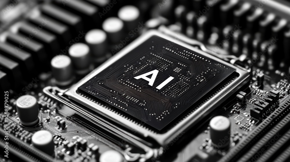Poster close-up of a black ai chip on a circuit board with intricate electronic components.