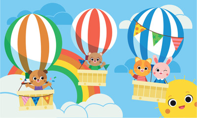 Cute animals riding on hot air balloons on sky landscape with cloud and rainbow above pond, green field. Animal character cat, bunny, bear, dog on aerostat with baskets. Journey, back to school.