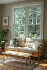 Obraz premium Minimalist, Scandinavian interior with pots and sofas. Generative AI 