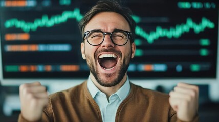 Fototapeta premium A happy man Stock trader celebrating in front of a computer screen as stock prices soar, showing successful investment returns stock market success, investment gains