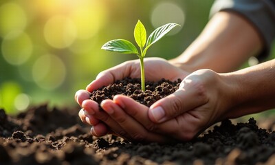 Young plant green leaves cupped hands soil sunlight