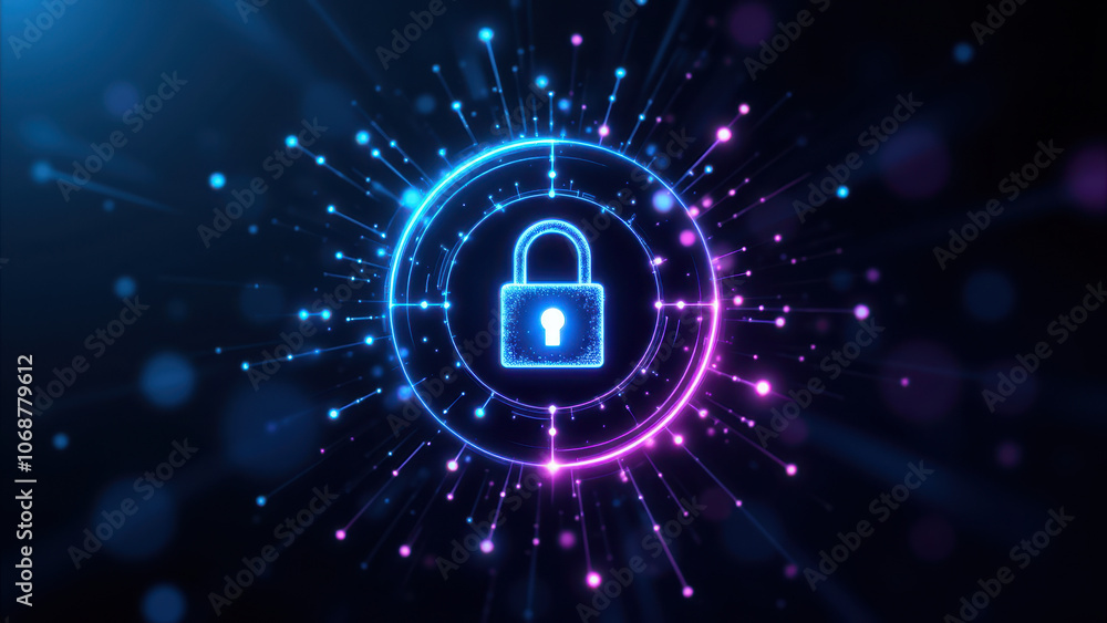 Poster illustration of a digital lock with glowing lines representing data flow, emphasizing cybersecurity.