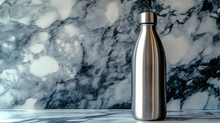 Stainless Steel Water Bottle on Marble Background - Realistic Still Life Photography