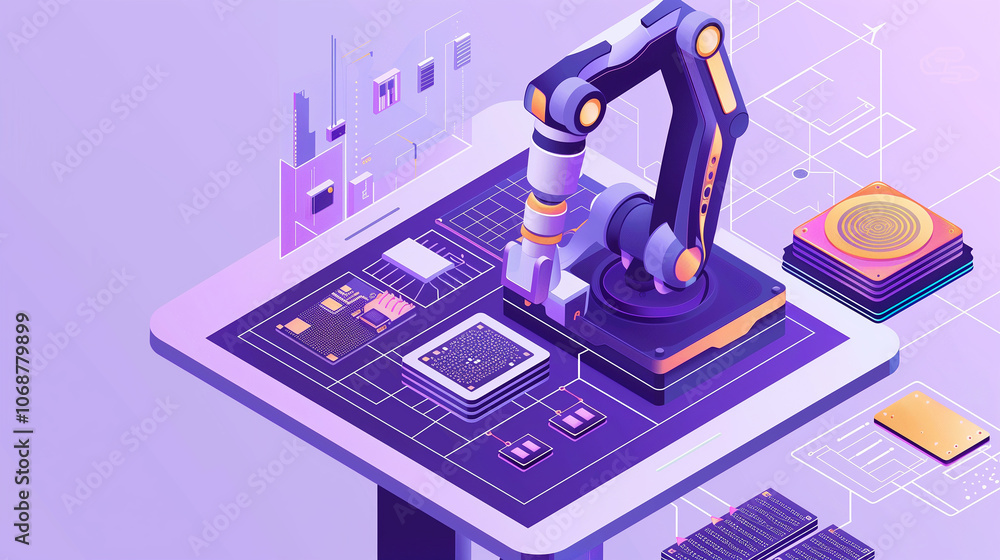 Poster ai-powered robotic arm assembling circuit boards, with a tablet showing real-time data and system di