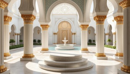 Fototapeta premium Luminous Islamic-inspired podium: A bright stage for golden treasures
