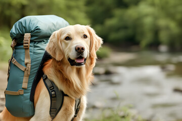 Golden retriever hiking companion with backpack, adventure dog ready for outdoor journey by river, exploring nature, loyal friend enjoying forest trails, hiking buddy