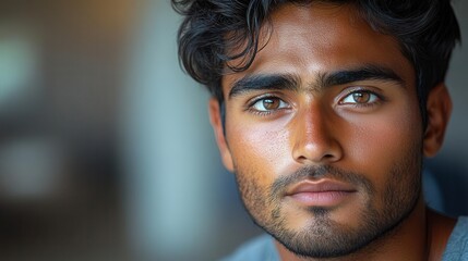 Fototapeta premium young indian man with tired eyes, reflecting fatigue after a long workday, set against a neutral background that emphasizes the weight of exhaustion and the challenges of modern life