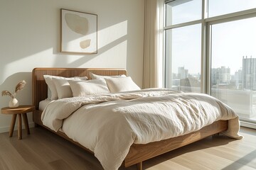 A midcentury modern interior in a residential bedroom with a comfortable bed. Generative AI
