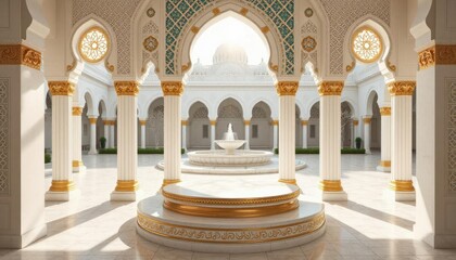 Fototapeta premium Luminous Islamic-inspired podium: A bright stage for golden treasures