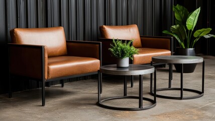 Waiting area with vintage leather sofas, metal coffee tables, and concrete flooring, creating a modern industrial vibe   waiting area, modern industrial