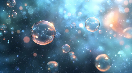 A serene composition of transparent bubbles floating in a cool blue environment, illuminated by soft natural light, evoking a peaceful and dreamlike atmosphere.


