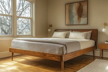 Minimalist, mid century modern interiors in a residential bedroom with walls and beds with art frames hanging on it. Generative AI
