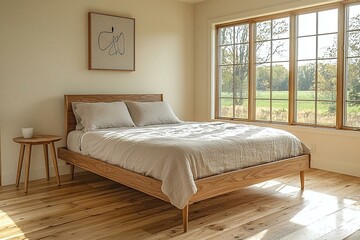 Minimalist, mid century modern interiors in a residential bedroom with walls and beds with art frames hanging on it. Generative AI
