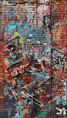 Obraz premium Vibrant graffiti explosion on brick wall showcasing urban creativity and edgy street art textures
