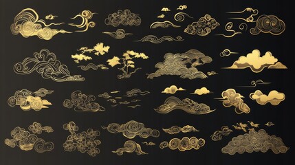 A collection of gold and black clouds with a variety of shapes and sizes