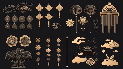 A collection of gold and silver flowers, trees, and clouds