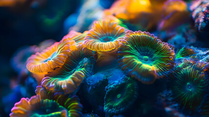 Obraz premium A close-up of vibrant, glowing coral formations in deep blues, purples, and golden hues. The intricate organic details resemble an alien underwater ecosystem.